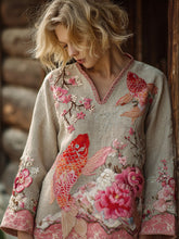 Load image into Gallery viewer, Vintage Pink Koi Floral Embroidery Patchwork Linen Blend Shirt