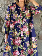 Load image into Gallery viewer, Women's Elegant Vintage Floral Print Shirt Style Cotton and Linen Dress