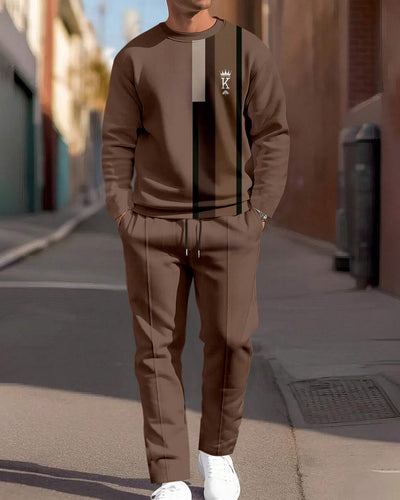 Men's Simple Colorblock Round Neck Casual Sports Set 0188