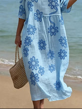 Load image into Gallery viewer, Women's Casual  Round Neck Mid Sleeve Print Cotton and Linen Dress