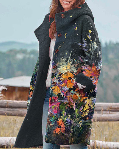 Vintage Floral Print Hooded Long Sleeve Jacket