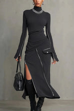 Load image into Gallery viewer, Casual Mock Neck T-Shirt Tight T-Line Long Sleeve Breathable Top And High Waist Slit Midi Skirt
