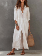 Load image into Gallery viewer, Vintage Lace-trimmed Cotton Linen Shirt Midi Dress