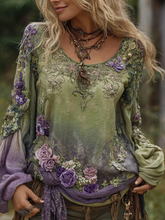 Load image into Gallery viewer, Vintage Purple Lavender And Floral Embroidered Linen Long Sleeve Shirt
