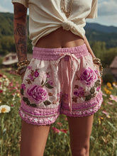 Load image into Gallery viewer, Women's Patchwork Rose Floral Contrast Drawstring Shorts