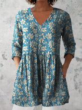 Load image into Gallery viewer, Women's Retro Floral Art Print Casual Cotton And Linen V-neck Top