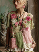 Load image into Gallery viewer, Vintage Pink Roses Patchwork Art Linen Casual Tunic
