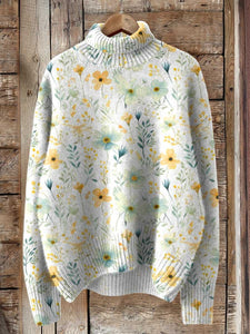 Lovely Meadows Floral Pattern Printed Knit Turtleneck Pullover Sweater