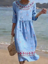 Load image into Gallery viewer, Women's Casual  Round Neck Mid Sleeve Print Cotton and Linen Dress