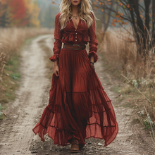 Load image into Gallery viewer, Women's Retro V-neck Country Pastoral Linen Style Long-sleeve Casual Maxi Long Dress