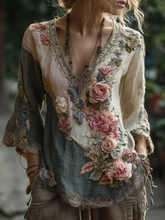 Load image into Gallery viewer, Women's Vintage Rose Floral Linen T-shirt