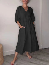 Load image into Gallery viewer, Women's V-neck Solid Color Mid-length Sleeve Cotton and Linen Dress