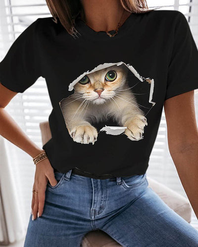 3D Cat Graphic Tee Cute Funny Animal Printed Crew Neck Topss