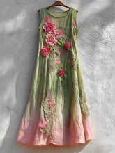 Load image into Gallery viewer, Vintage Pink Roses Boho Lace Patchwork Gradient Linen Tank Dress