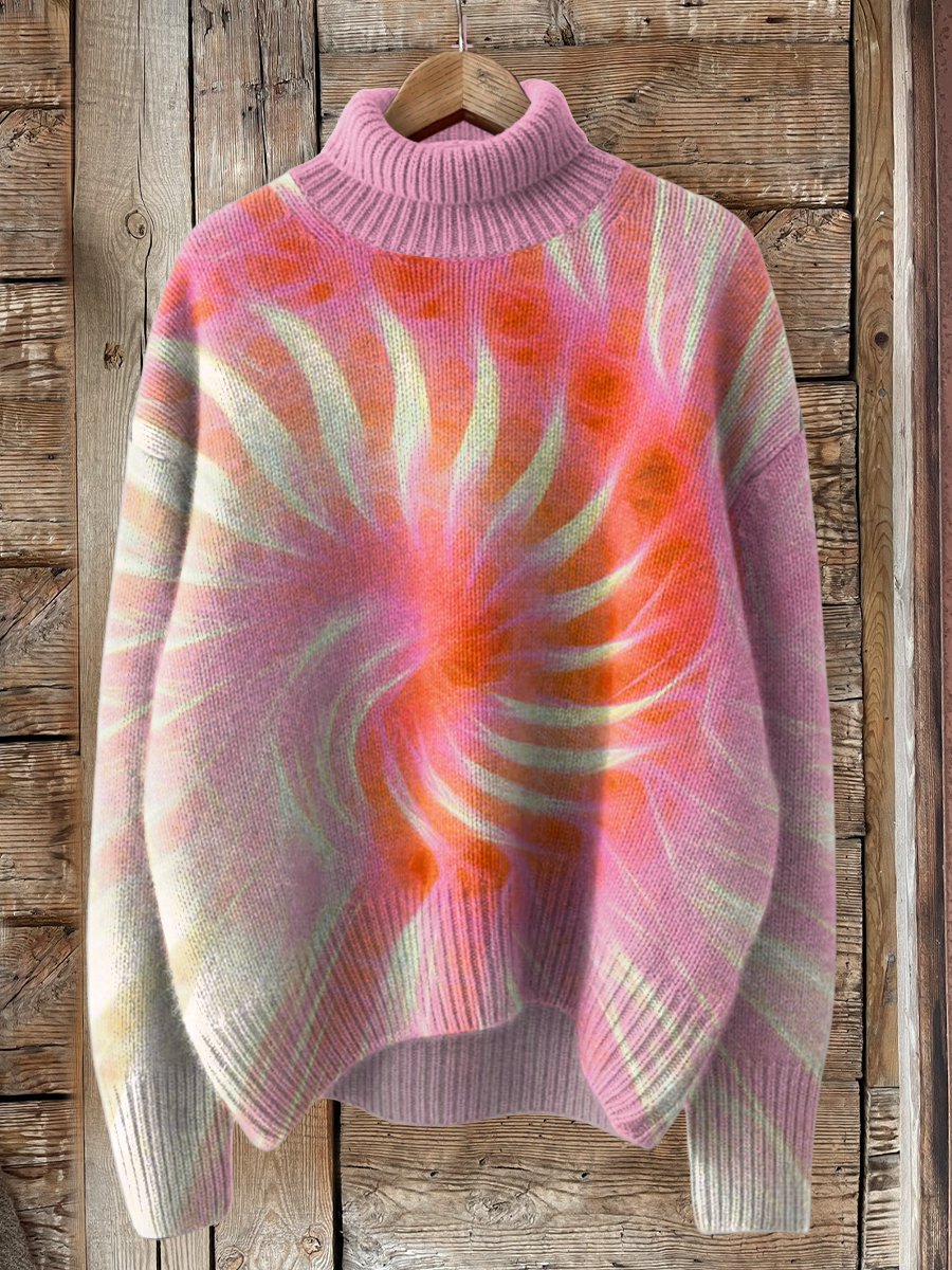 Pink Tie-dye Style Print Knit Turtleneck Pullover Sweater