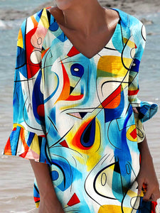 Women's Abstract Art Style Picasso Print Ruffled Dress