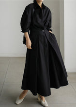 Load image into Gallery viewer, Black Button Wrinkled Cotton Dresses Long Sleeve