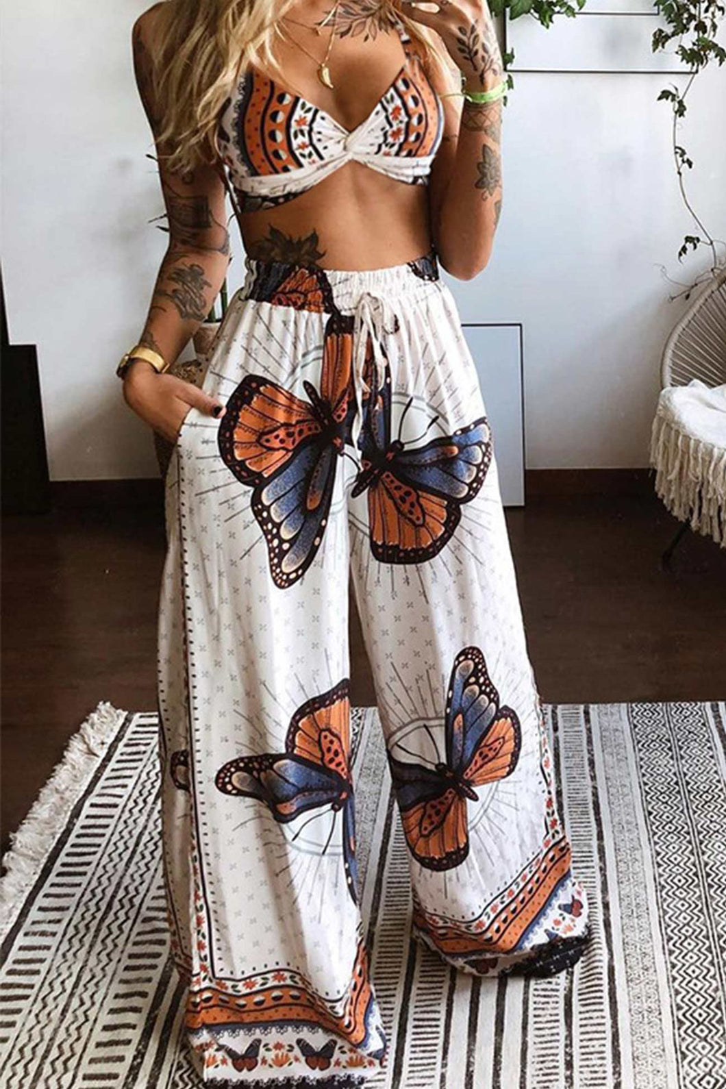 Butterfly Print Twisted Crop Top & Wide Leg Pants Set