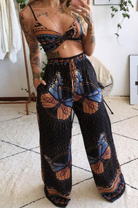 Butterfly Print Twisted Crop Top & Wide Leg Pants Set