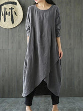 Load image into Gallery viewer, Chic gray cotton linen dress o neck asymmetric Maxi spring Dresses