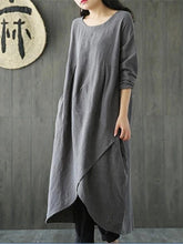 Load image into Gallery viewer, Chic gray cotton linen dress o neck asymmetric Maxi spring Dresses