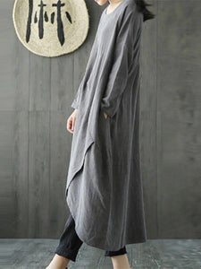 Chic gray cotton linen dress o neck asymmetric Maxi spring Dresses