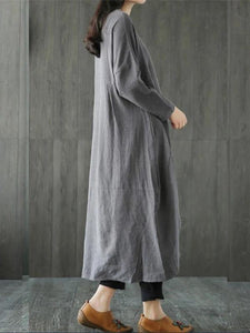 Chic gray cotton linen dress o neck asymmetric Maxi spring Dresses