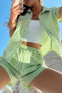 Contrast Plaid Shirt Two Piece Shorts Suits
