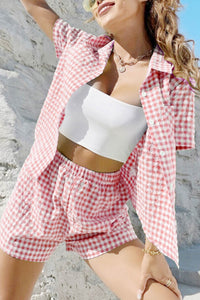 Contrast Plaid Shirt Two Piece Shorts Suits