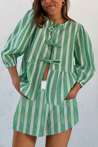 Contrast Striped Tie-up Blouse Suits