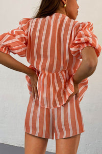 Contrast Striped Tie-up Blouse Suits