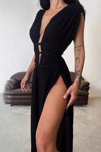 Cotton Linen Braided Belt Cutout Slit Maxi Dress