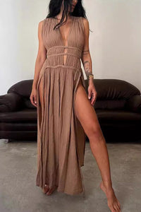 Cotton Linen Braided Belt Cutout Slit Maxi Dress