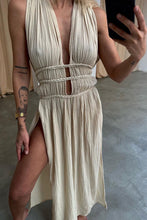 Load image into Gallery viewer, Cotton Linen Braided Belt Cutout Slit Maxi Dress