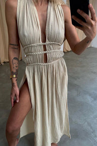 Cotton Linen Braided Belt Cutout Slit Maxi Dress