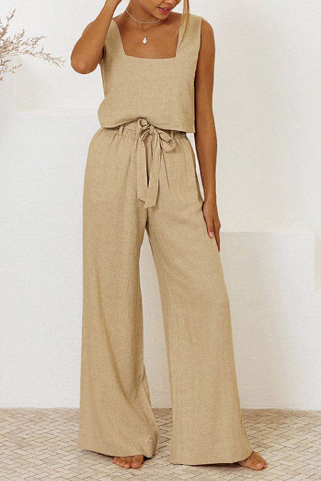 Cotton Waist-Tie Square Neck Pants Set