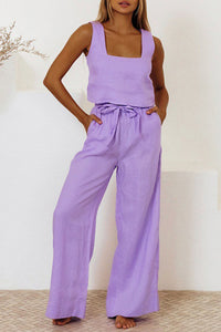 Cotton Waist-Tie Square Neck Pants Set