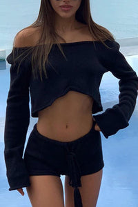 Crew Neck Knitted Crop Top Shorts Set