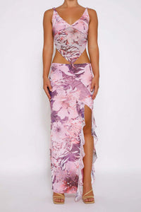Floral Print Cami Vest Ruffle Midi Skirt Suits