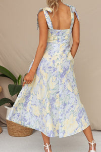 Floral Print Tie-straps Waisted Midi Dress