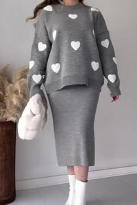 Heart Graphic Sweater Midi Skirt Knit Suits