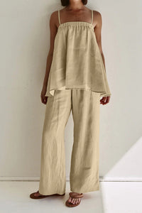 Khaki Cotton Cami Top Long Pants Suits