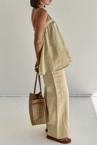 Khaki Cotton Cami Top Long Pants Suits