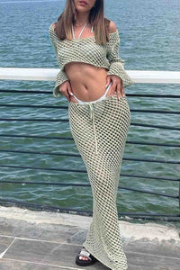 Knitted Cutout Cover Up Off Shoulder Skirt Set