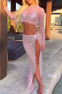 Mesh Crop Top Slit Skirt Two-Piece Set