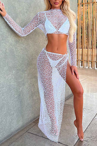 Mesh Crop Top Slit Skirt Two-Piece Set