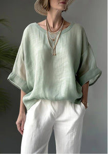 Women's Solid Color Shirt Comfortable Casual Round Neck Cotton Linen Loose Blouse