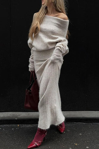 Off-Shoulder Sweater Midi Skirt Suits