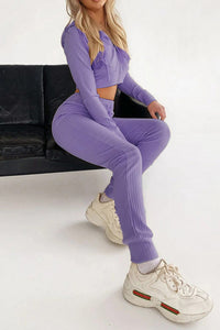 Ribbed Knit Hoodie Long Pants Suits