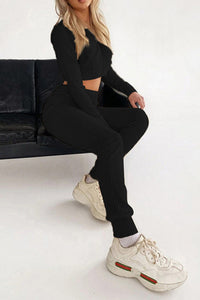 Ribbed Knit Hoodie Long Pants Suits